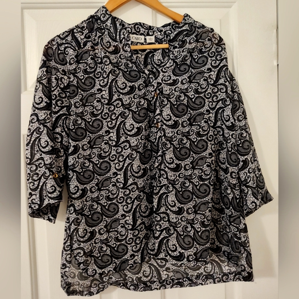 Cato women's blouse, gold buttons, 3/4 sleeve, black/white, size L - Picture 1 of 4